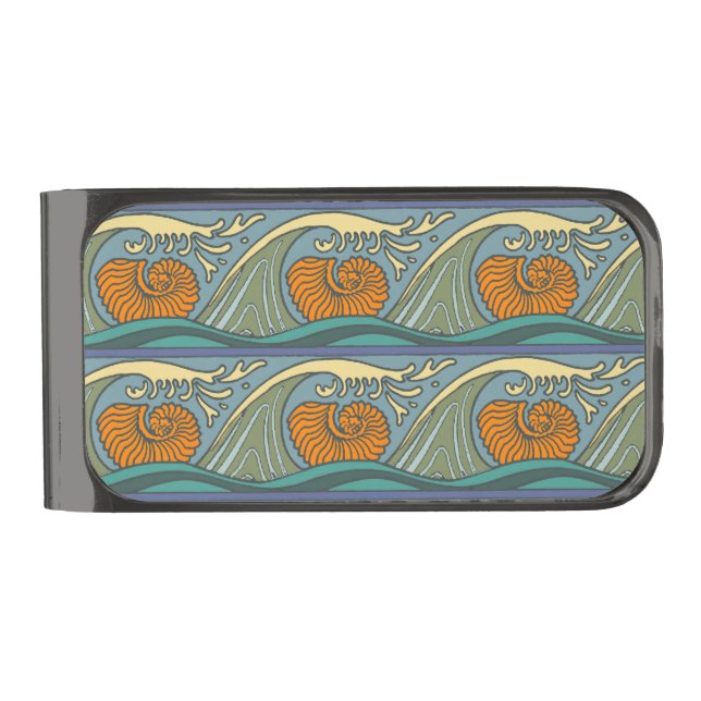 Blue Ocean Waves Nautilus Seashell Pattern Nouveau Gunmetal Finish Money Clip (Front)