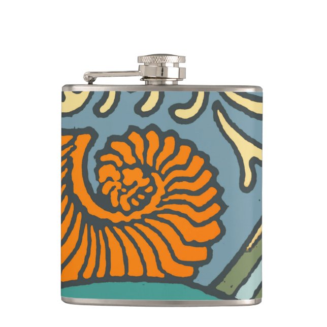 Blue Ocean Waves Nautilus Seashell Pattern Nouveau Hip Flask (Front)