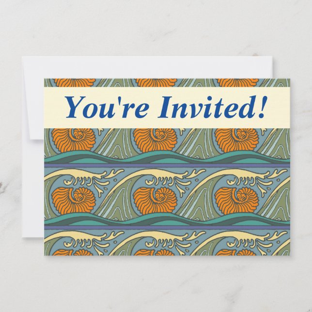 Blue Ocean Waves Nautilus Seashell Pattern Nouveau Invitation (Front)
