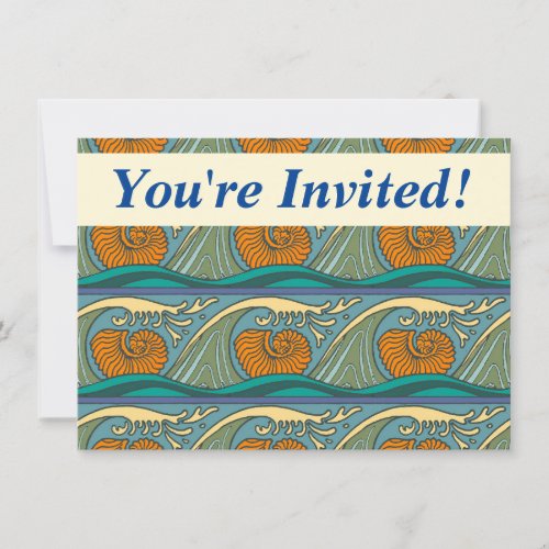 Blue Ocean Waves Nautilus Seashell Pattern Nouveau Invitation