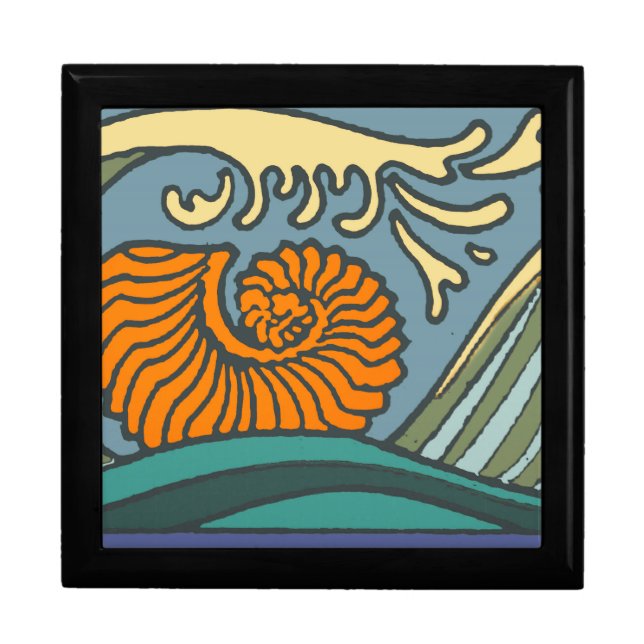 Blue Ocean Waves Nautilus Seashell Pattern Nouveau Keepsake Box (Front)