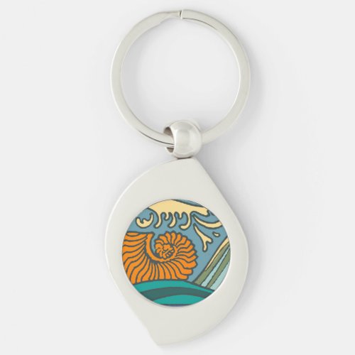 Blue Ocean Waves Nautilus Seashell Pattern Nouveau Keychain