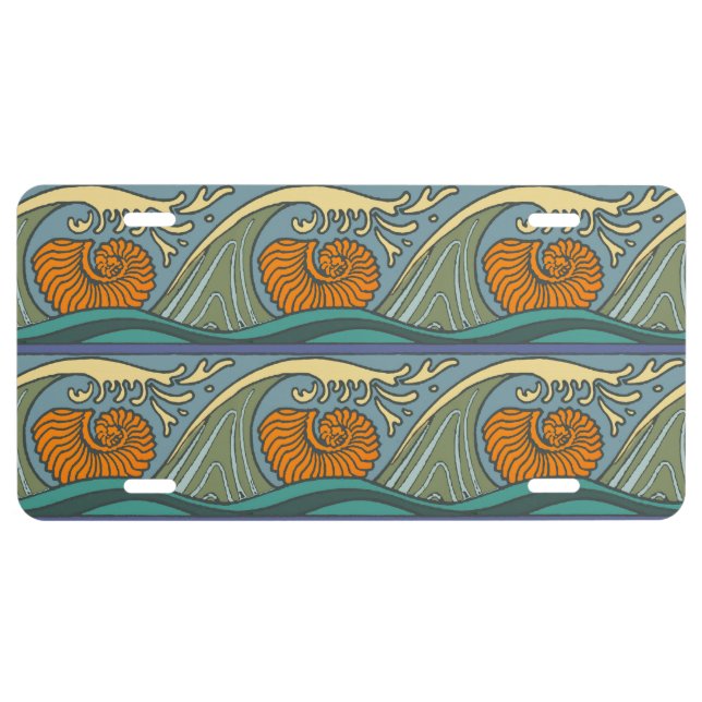 Blue Ocean Waves Nautilus Seashell Pattern Nouveau License Plate (Front)