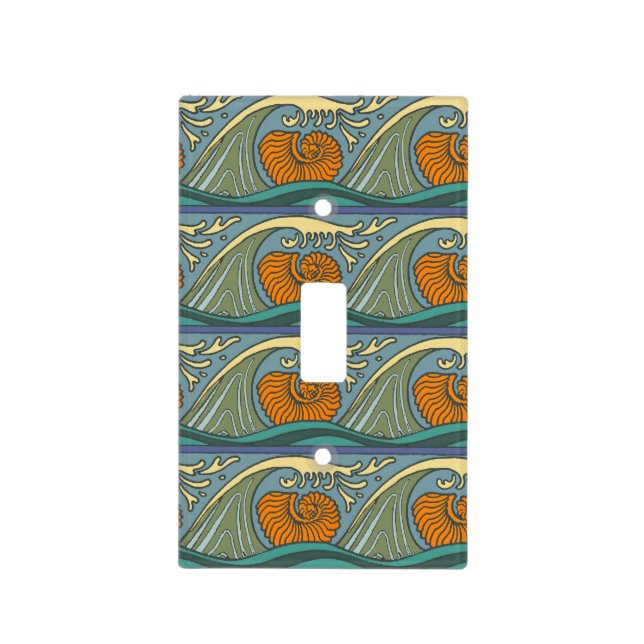 Blue Ocean Waves Nautilus Seashell Pattern Nouveau Light Switch Cover (Front)