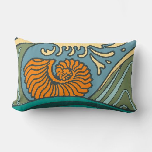 Blue Ocean Waves Nautilus Seashell Pattern Nouveau Lumbar Pillow