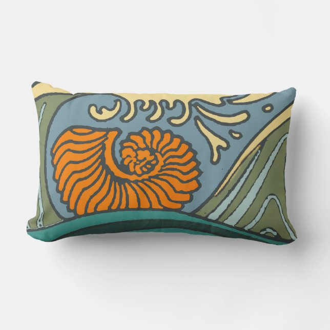 Blue Ocean Waves Nautilus Seashell Pattern Nouveau Lumbar Pillow (Front)
