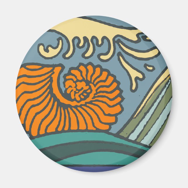 Blue Ocean Waves Nautilus Seashell Pattern Nouveau Magnet (Front)