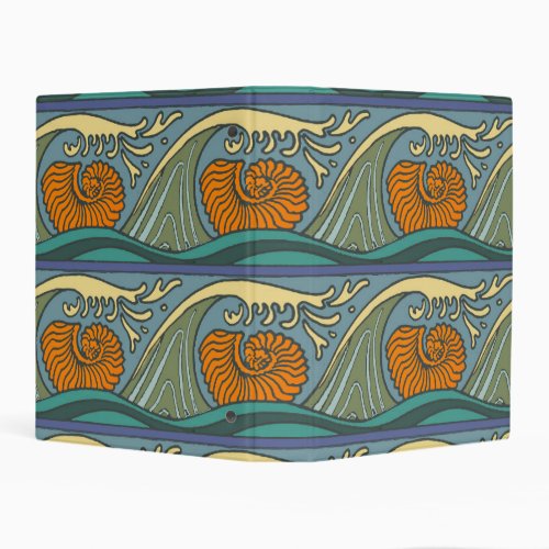 Blue Ocean Waves Nautilus Seashell Pattern Nouveau Mini Binder