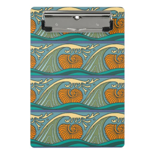 Blue Ocean Waves Nautilus Seashell Pattern Nouveau Mini Clipboard