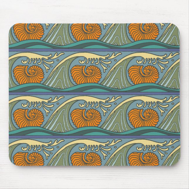Blue Ocean Waves Nautilus Seashell Pattern Nouveau Mouse Pad (Front)
