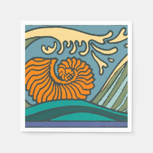 Blue Ocean Waves Nautilus Seashell Pattern Nouveau Napkins
