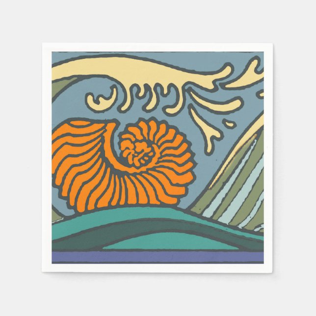 Blue Ocean Waves Nautilus Seashell Pattern Nouveau Napkins (Front)