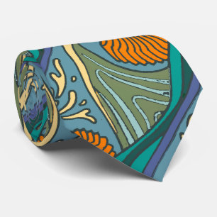 Blue Ocean Waves Nautilus Seashell Pattern Nouveau Neck Tie