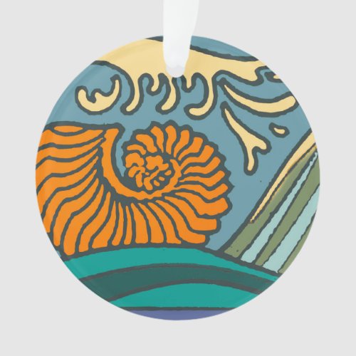 Blue Ocean Waves Nautilus Seashell Pattern Nouveau Ornament