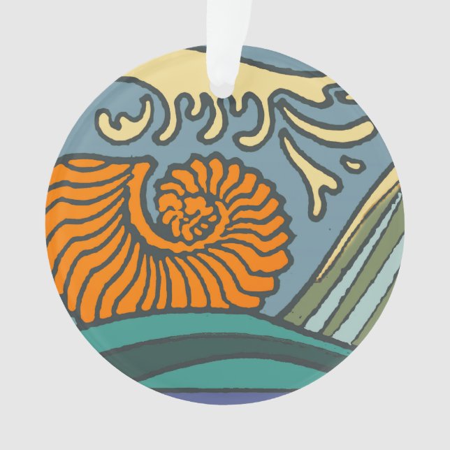 Blue Ocean Waves Nautilus Seashell Pattern Nouveau Ornament (Front)