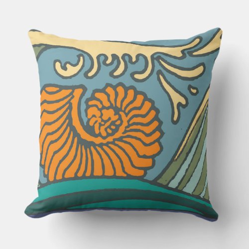 Blue Ocean Waves Nautilus Seashell Pattern Nouveau Outdoor Pillow