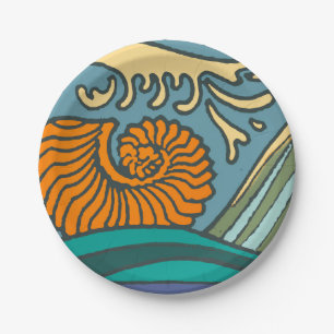 Blue Ocean Waves Nautilus Seashell Pattern Nouveau Paper Plates