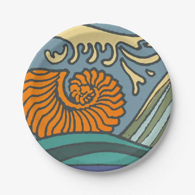 Blue Ocean Waves Nautilus Seashell Pattern Nouveau Paper Plates (Front)