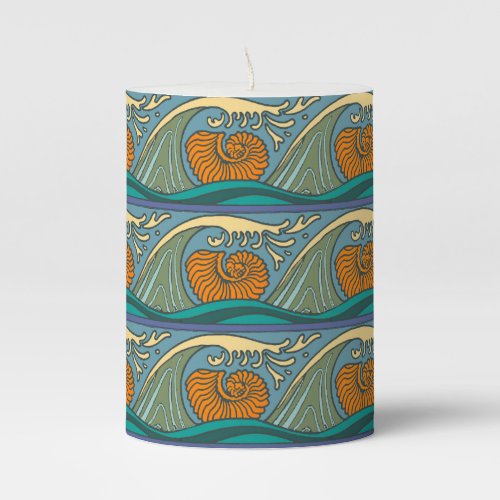 Blue Ocean Waves Nautilus Seashell Pattern Nouveau Pillar Candle