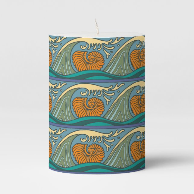 Blue Ocean Waves Nautilus Seashell Pattern Nouveau Pillar Candle (Front)