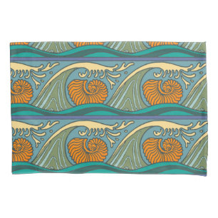 Blue Ocean Waves Nautilus Seashell Pattern Nouveau Pillow Case