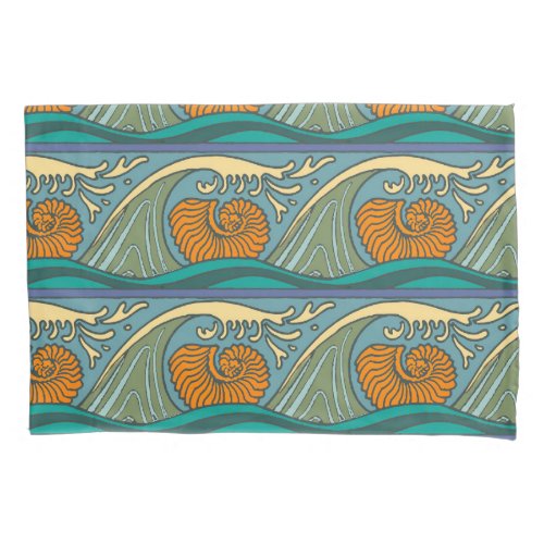 Blue Ocean Waves Nautilus Seashell Pattern Nouveau Pillow Case