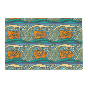 Blue Ocean Waves Nautilus Seashell Pattern Nouveau Placemat