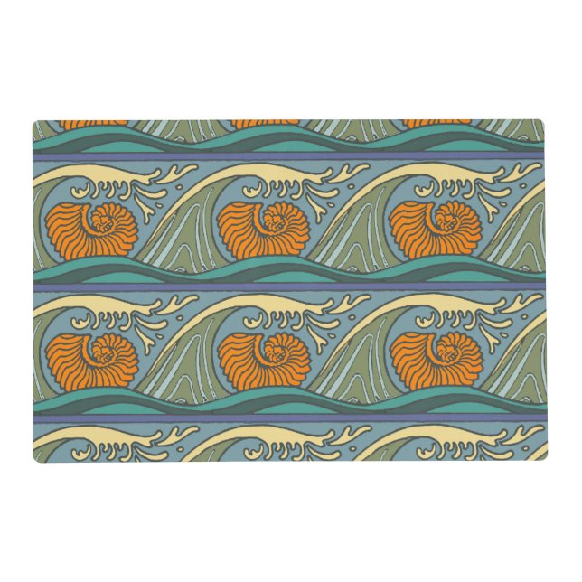 Blue Ocean Waves Nautilus Seashell Pattern Nouveau Placemat (Front)