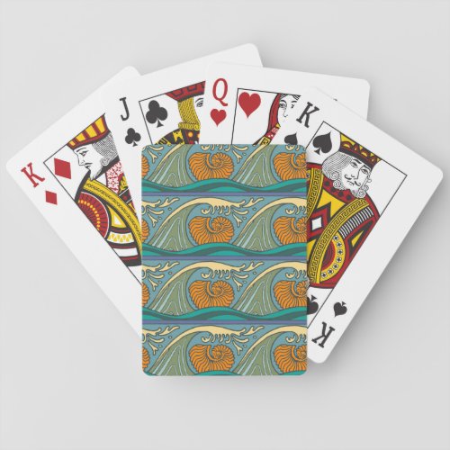 Blue Ocean Waves Nautilus Seashell Pattern Nouveau Poker Cards