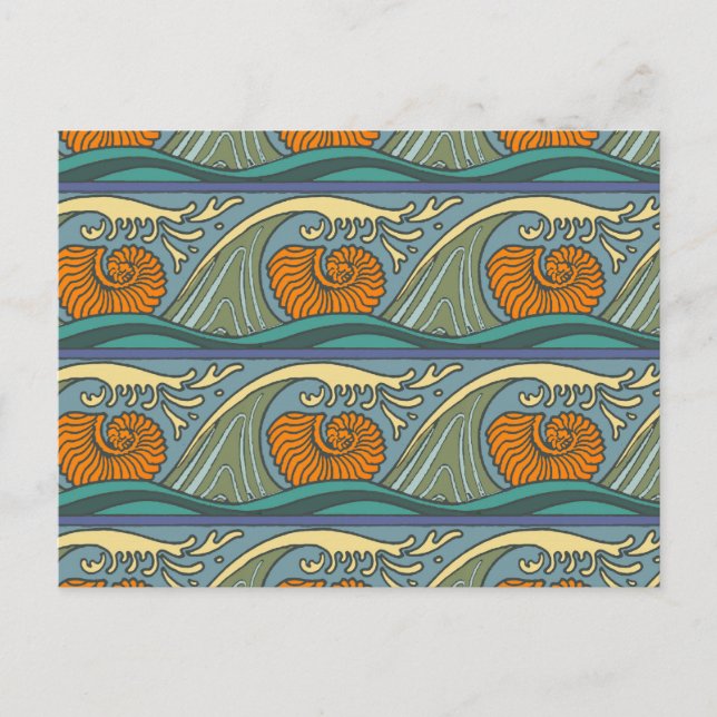 Blue Ocean Waves Nautilus Seashell Pattern Nouveau Postcard (Front)