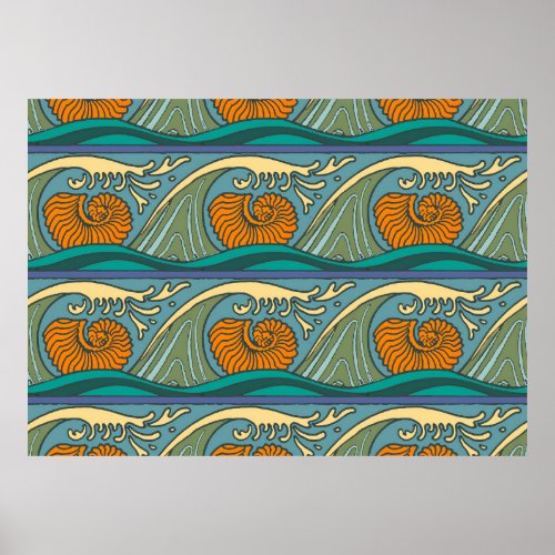 Blue Ocean Waves Nautilus Seashell Pattern Nouveau Poster