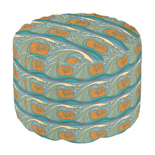 Blue Ocean Waves Nautilus Seashell Pattern Nouveau Pouf