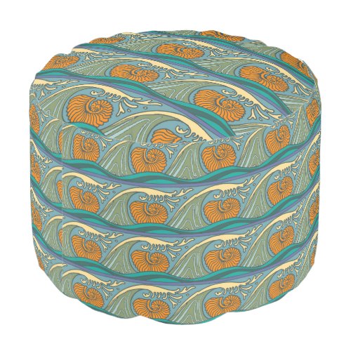 Blue Ocean Waves Nautilus Seashell Pattern Nouveau Pouf