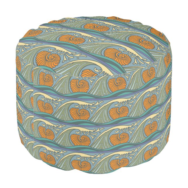 Blue Ocean Waves Nautilus Seashell Pattern Nouveau Pouf (Angled Back)