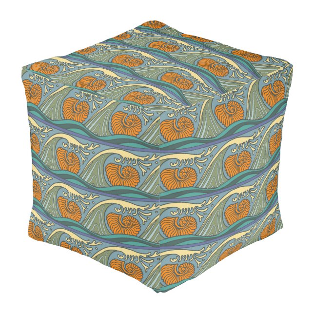 Blue Ocean Waves Nautilus Seashell Pattern Nouveau Pouf (Angled Front)