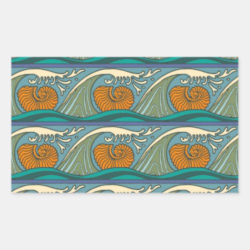 Blue Ocean Waves Nautilus Seashell Pattern Nouveau Rectangular Sticker