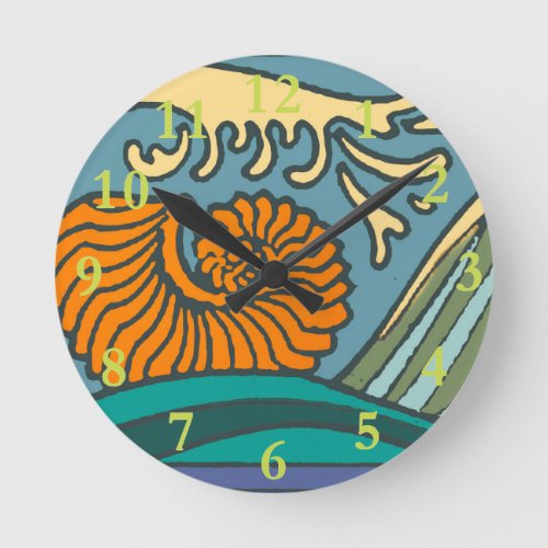 Blue Ocean Waves Nautilus Seashell Pattern Nouveau Round Clock