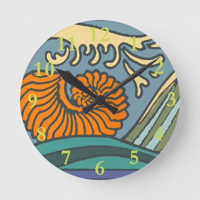 Blue Ocean Waves Nautilus Seashell Pattern Nouveau Round Clock (Front)