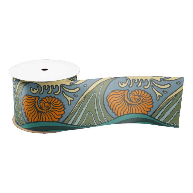 Blue Ocean Waves Nautilus Seashell Pattern Nouveau Satin Ribbon (Spool)