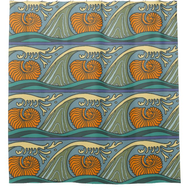 Blue Ocean Waves Nautilus Seashell Pattern Nouveau Shower Curtain (Front)