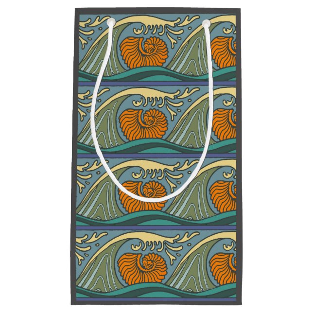 Blue Ocean Waves Nautilus Seashell Pattern Nouveau Small Gift Bag (Front)