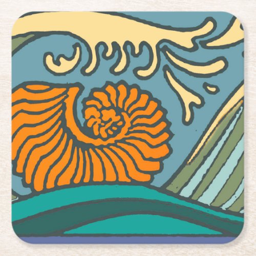 Blue Ocean Waves Nautilus Seashell Pattern Nouveau Square Paper Coaster