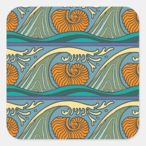 Blue Ocean Waves Nautilus Seashell Pattern Nouveau Square Sticker