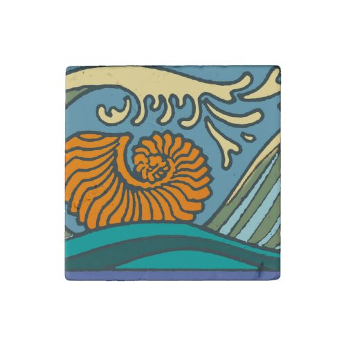 Blue Ocean Waves Nautilus Seashell Pattern Nouveau Stone Magnet