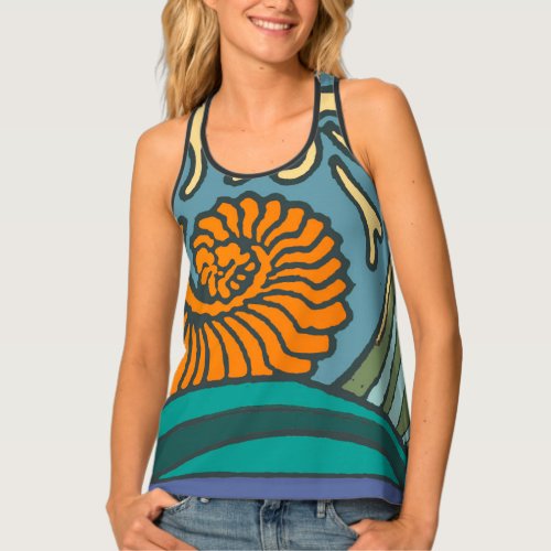 Blue Ocean Waves Nautilus Seashell Pattern Nouveau Tank Top