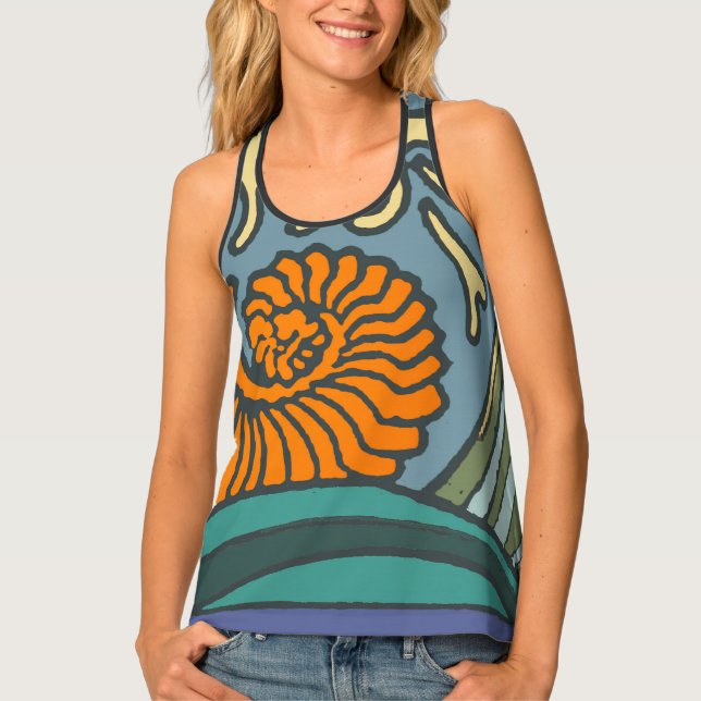 Blue Ocean Waves Nautilus Seashell Pattern Nouveau Tank Top (Front)