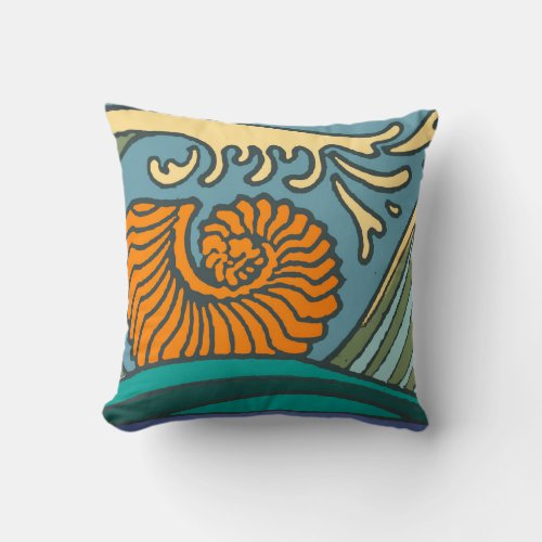 Blue Ocean Waves Nautilus Seashell Pattern Nouveau Throw Pillow
