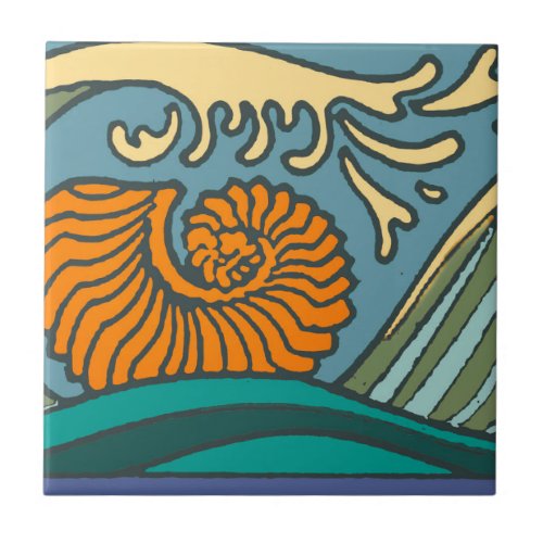 Blue Ocean Waves Nautilus Seashell Pattern Nouveau Tile