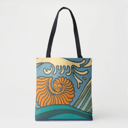 Blue Ocean Waves Nautilus Seashell Pattern Nouveau Tote Bag