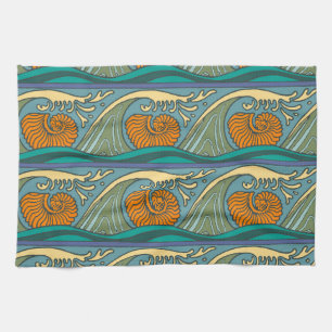Blue Ocean Waves Nautilus Seashell Pattern Nouveau Towel